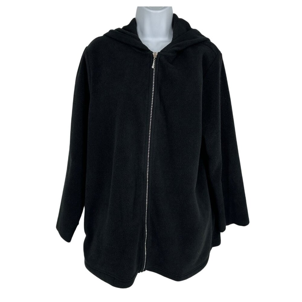 Quacker Factory Black Zip-Up Hooded Fleece Jacket Rhinestone Zipper Pull Sz L